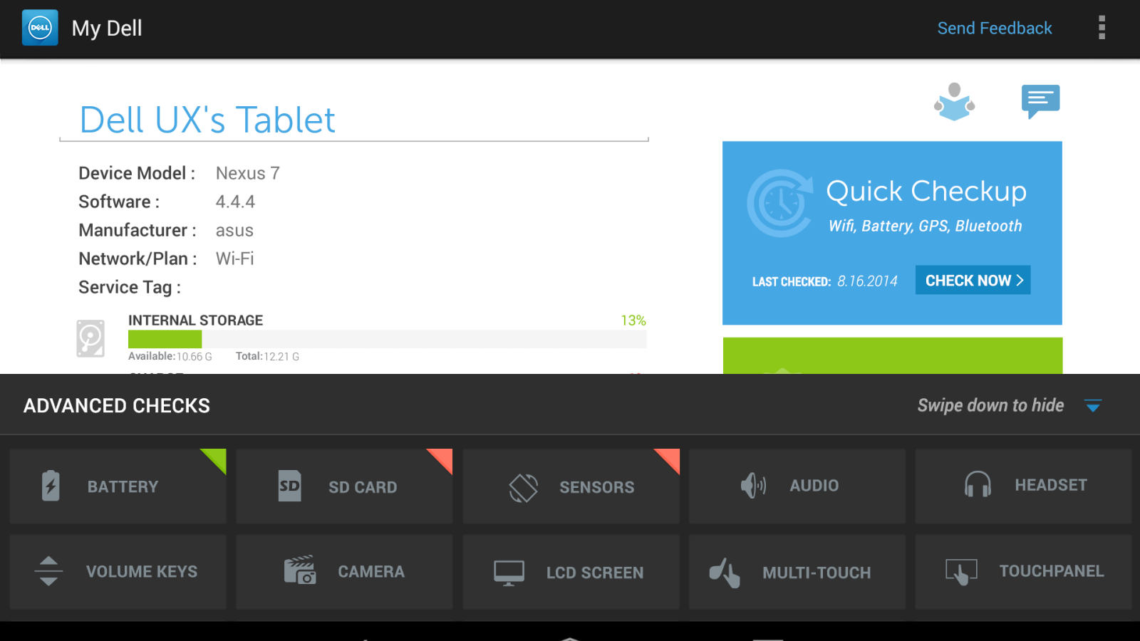 Shown is a tablet performance checkup app