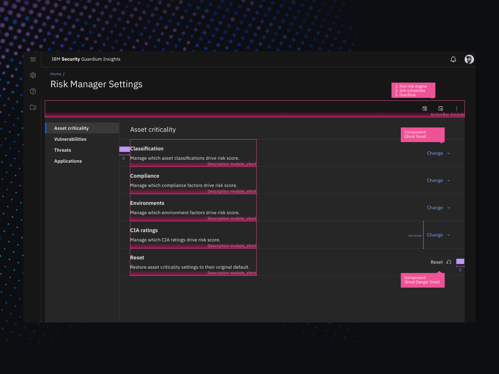 Shown is a snippet of the Risk Manager UI with redlines and outlines of components
